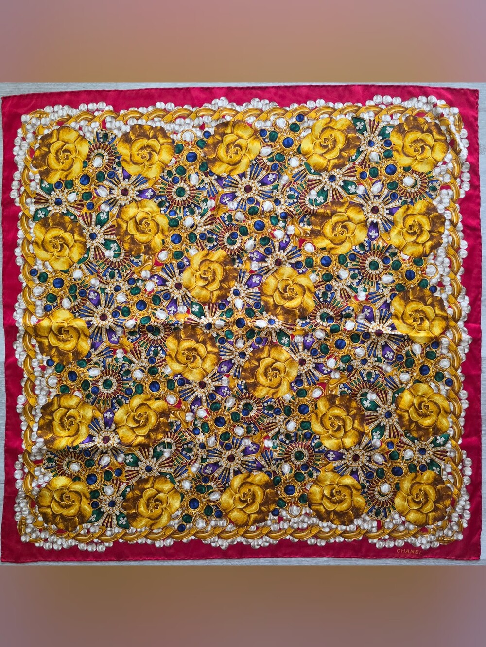 Auth Chanel Camellia And Jeweled Floral Silk Scarf with Gold Roses